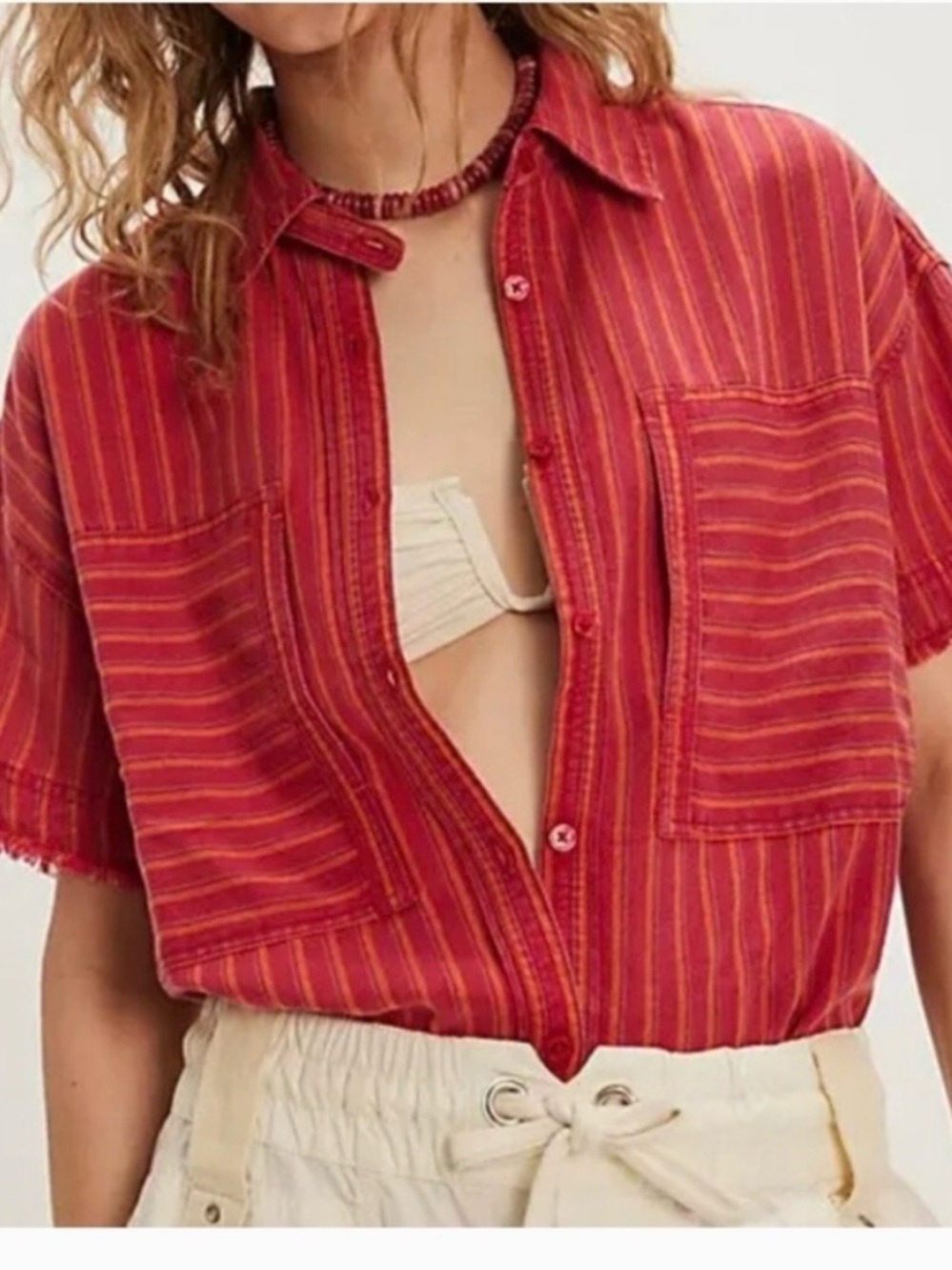 We The Free Red Striped Short-Sleeve Button-Down Crop Shirt